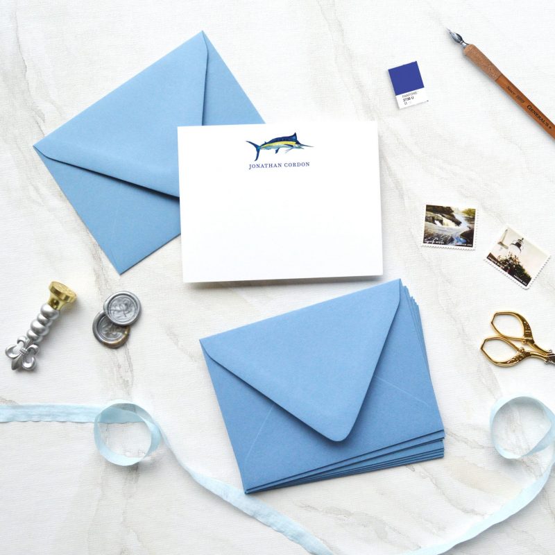 Watercolor marlin fish personalized note cards by artist Michelle Mospens. | Mospens Studio