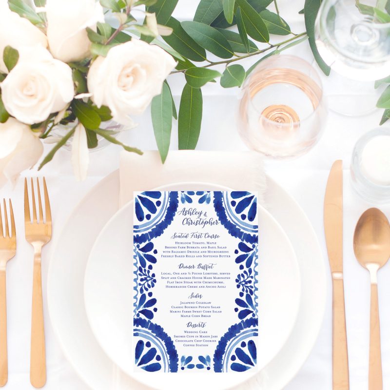 Blue Talavera Tile Wedding Menu Card by artist Michelle Mospens