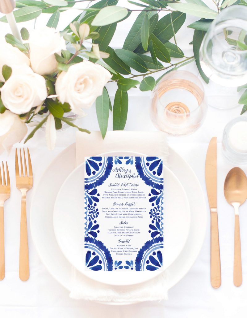 Blue Talavera Tile Wedding Menu Card by artist Michelle Mospens