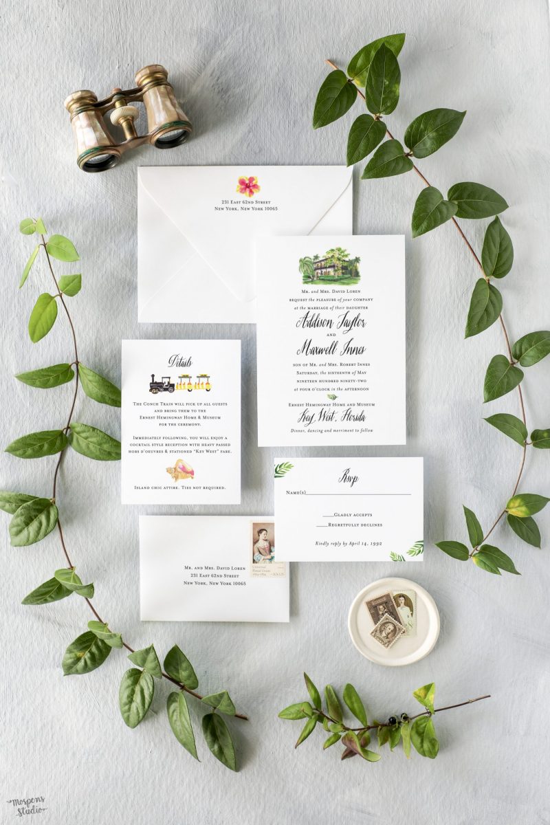 Watercolor Ernest Hemingway Home and Museum wedding invitations by Michelle Mospens