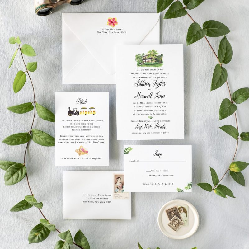 Watercolor Ernest Hemingway Home and Museum wedding invitations by Michelle Mospens