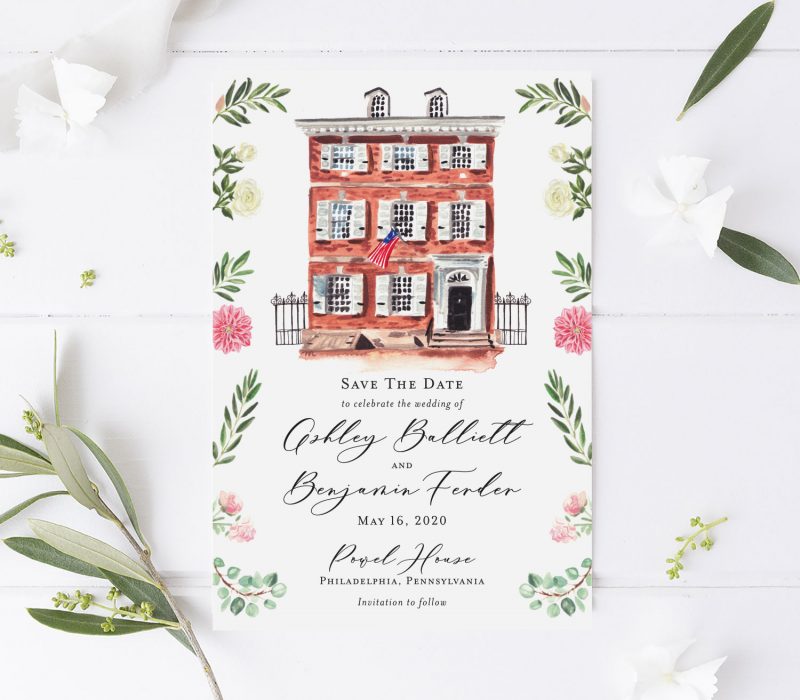 Watercolor Powel House Philadelphia, Pennsylvania venue save the date cards by artist Michelle Mospens.