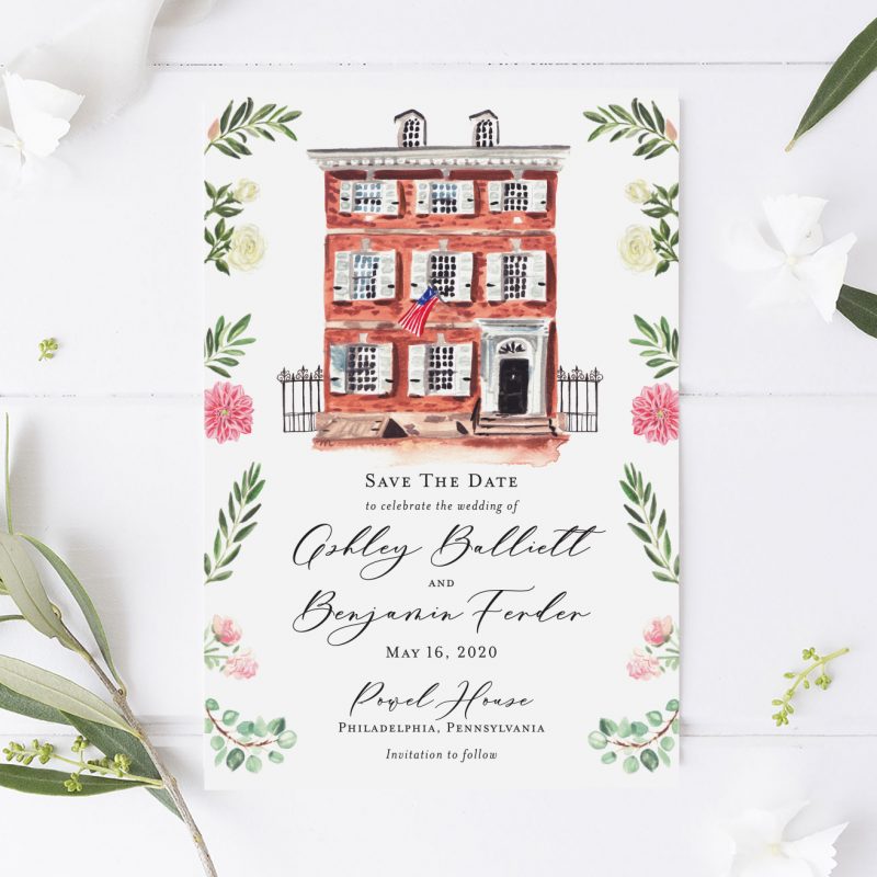 Watercolor Powel House Philadelphia, Pennsylvania venue save the date cards by artist Michelle Mospens.