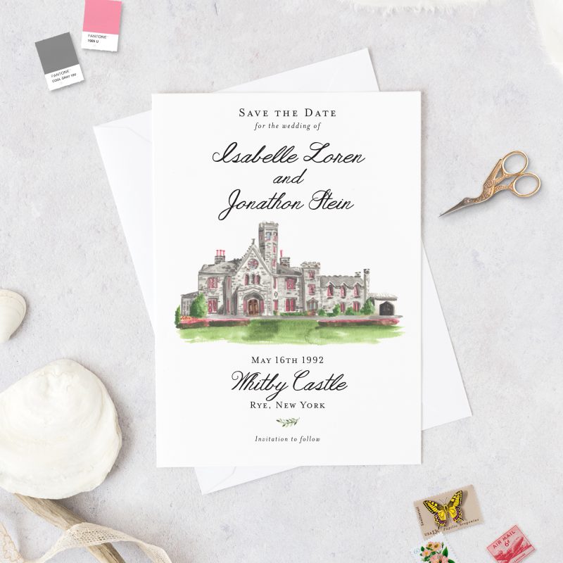 Whitby Castle New York wedding save the date cards by Mospens Studio