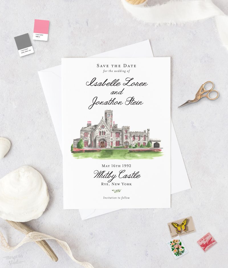 Whitby Castle New York wedding save the date cards by Mospens Studio