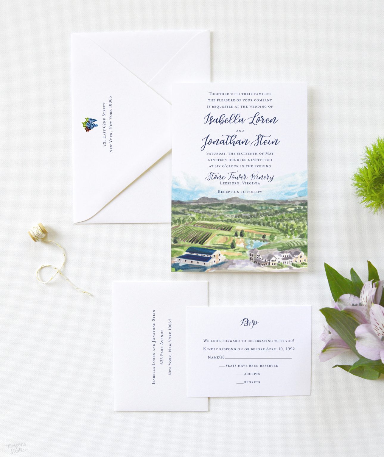 Stone Tower Winery wedding invitations Mospens Studio