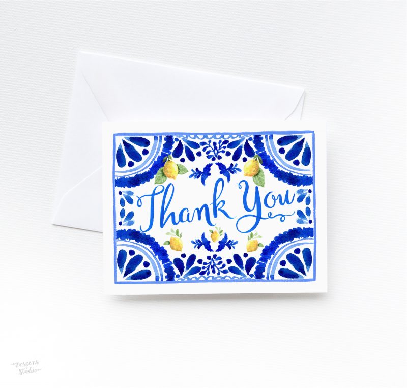 Covered in beautiful watercolor mediterranean-inspired blue tile and lemons illustrations, these pretty cards are simultaneously sweet and chic. 100% original art by artist Michelle Mospens. What a stylish way to say “Hello!” and give thanks!