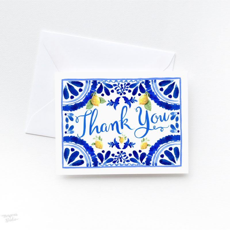 Covered in beautiful watercolor mediterranean-inspired blue tile and lemons illustrations, these pretty cards are simultaneously sweet and chic. 100% original art by artist Michelle Mospens. What a stylish way to say “Hello!” and give thanks!