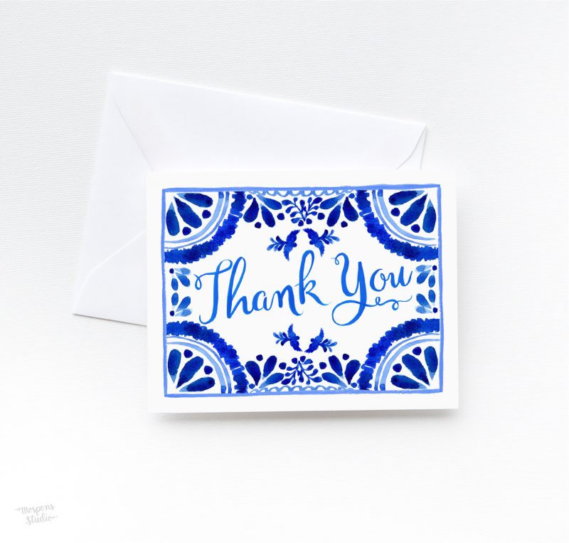 Covered in beautiful watercolor mediterranean-inspired blue tile illustrations and hand-painted brush calligraphy, these pretty cards are simultaneously sweet and chic. 100% original art by artist Michelle Mospens. What a stylish way to say “Hello!” and give thanks!