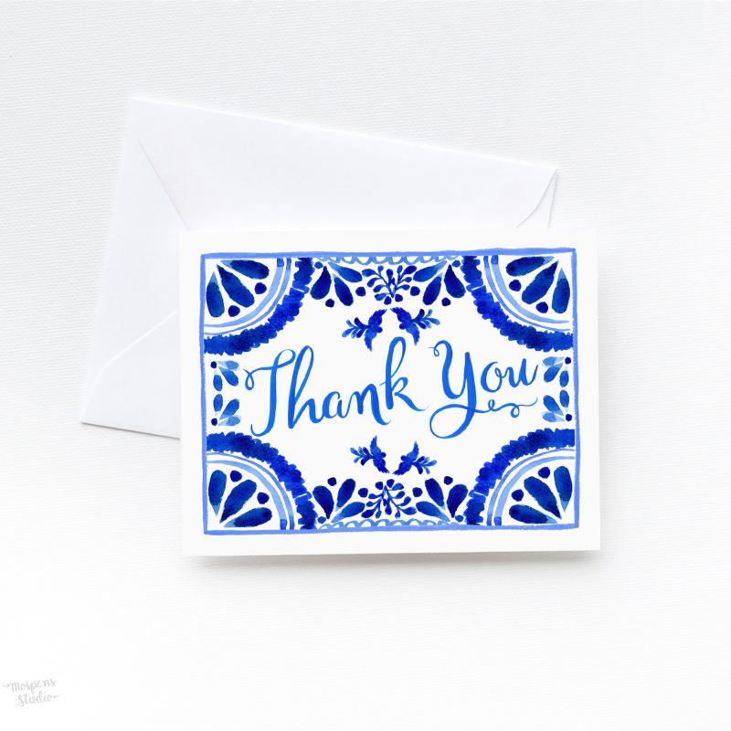 Covered in beautiful watercolor mediterranean-inspired blue tile illustrations and hand-painted brush calligraphy, these pretty cards are simultaneously sweet and chic. 100% original art by artist Michelle Mospens. What a stylish way to say “Hello!” and give thanks!