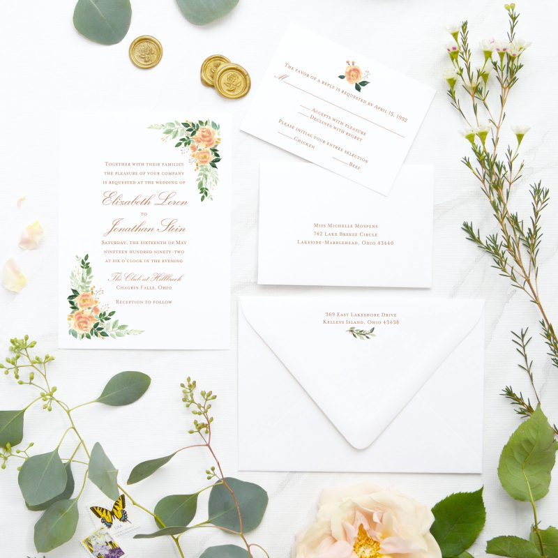 Watercolor Peach Floral Blooms wedding invitation suite by Mospens Studio.