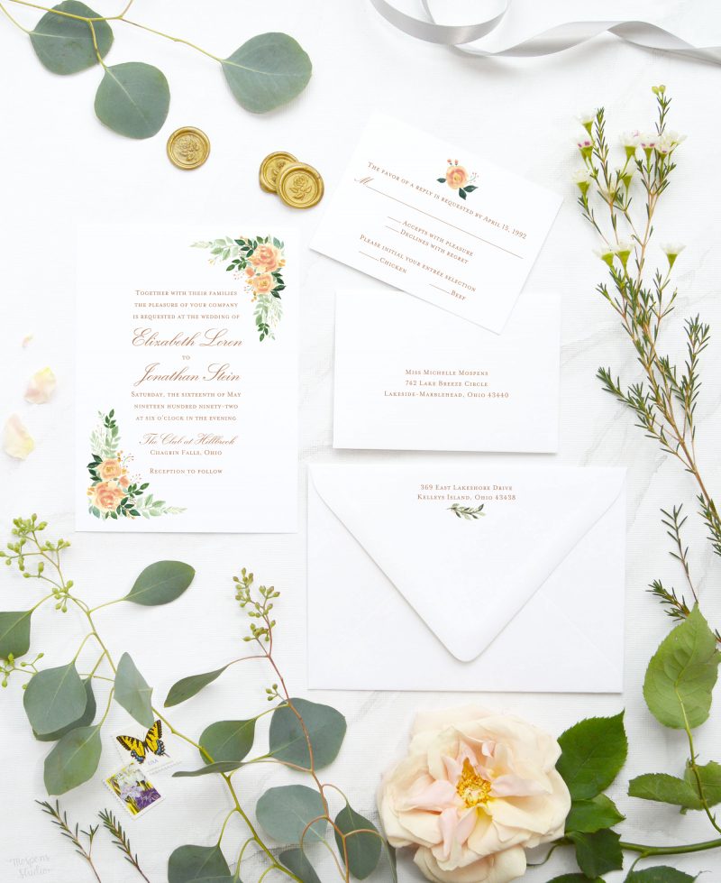 Watercolor Peach Floral Blooms wedding invitation suite by Mospens Studio.