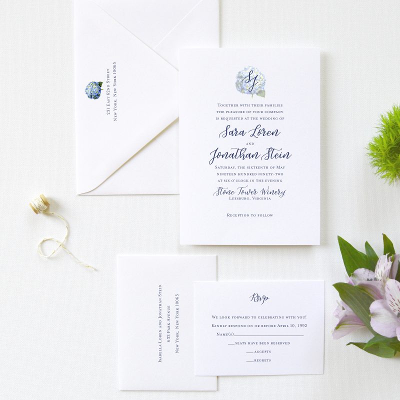 Watercolor Hydrangea flower wedding invitation by artist Michelle Mospens