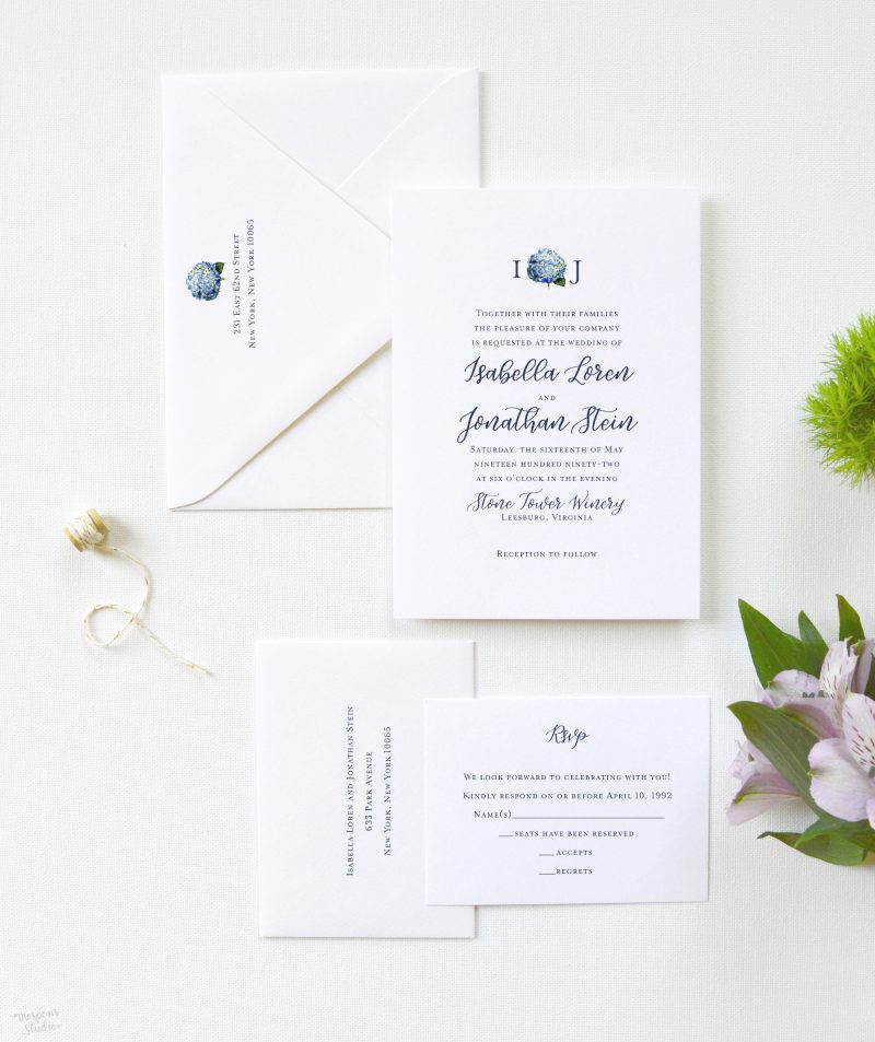 Watercolor Hydrangea flower wedding invitation by artist Michelle Mospens