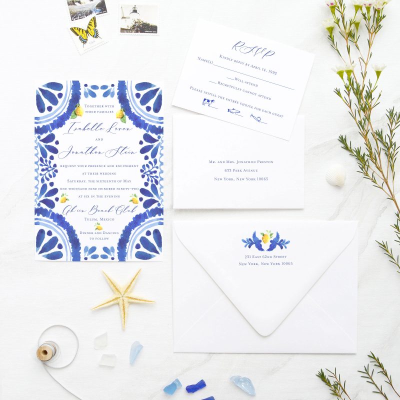 mediterranean tile lemons watercolor blue wedding invitations