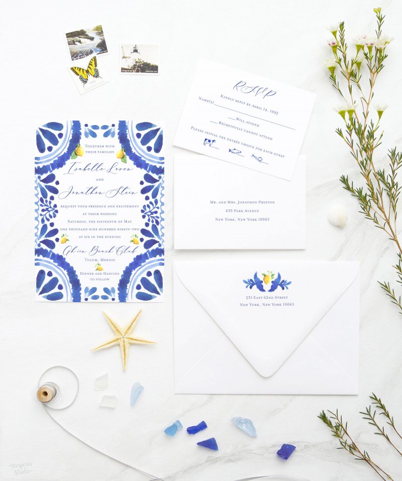 mediterranean tile lemons watercolor blue wedding invitations