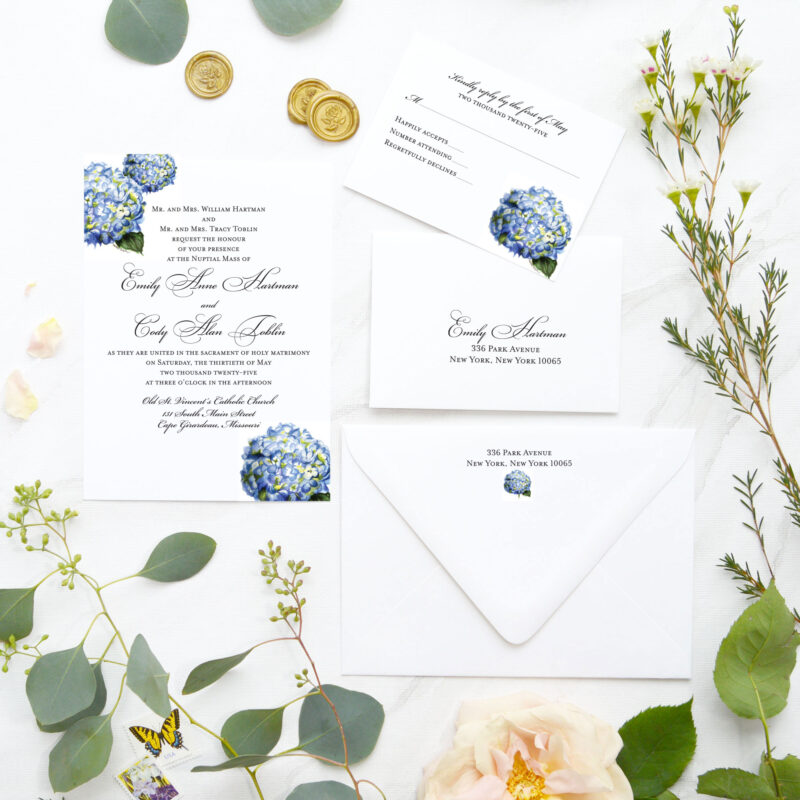 Elegant Hydrangea Watercolor Wedding Invitations by Mospens Studio