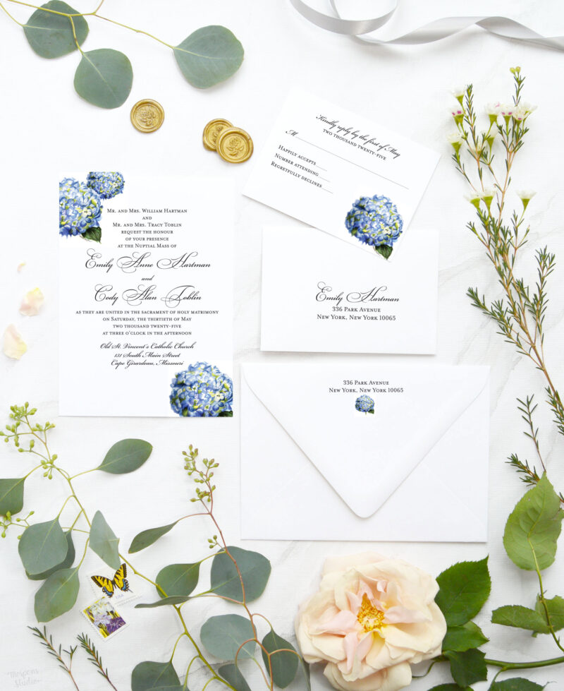 Elegant Hydrangea Watercolor Wedding Invitations by Mospens Studio