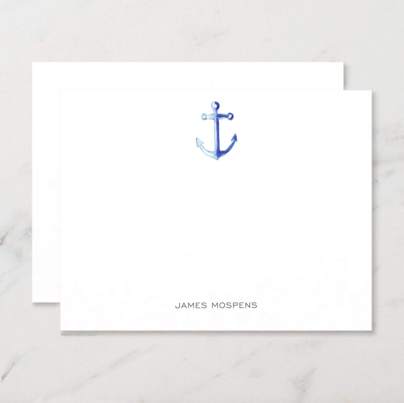 Anchor Personalized Stationery Illustrated Watercolor Nautical Chic Notecard Set with Envelopes