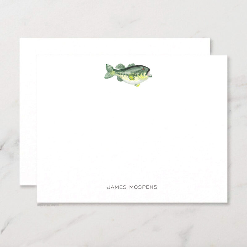 Large Mouth Bass Fish Personalized Stationery Illustrated Watercolor Nautical Chic Notecard Set with Envelopes