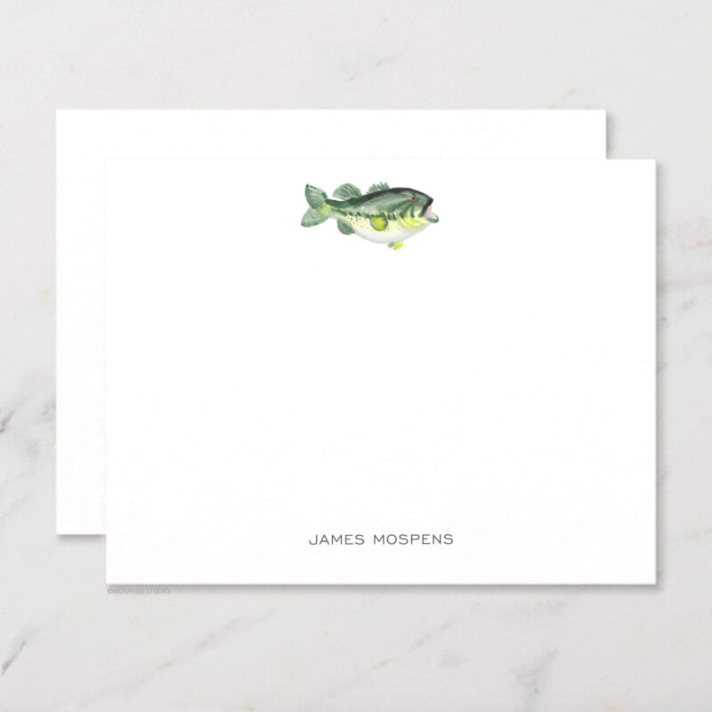 Large Mouth Bass Fish Personalized Stationery Illustrated Watercolor Nautical Chic Notecard Set with Envelopes