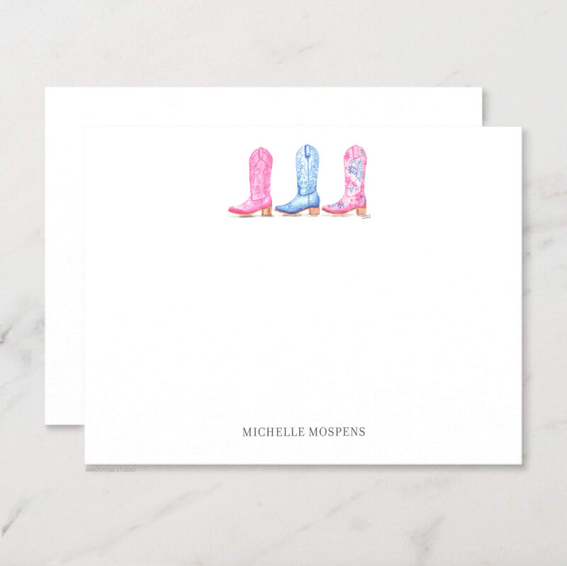 Coastal Cowgirl Boots Personalized Stationery Illustrated Watercolor Western Chic Notecard Set with Envelopes