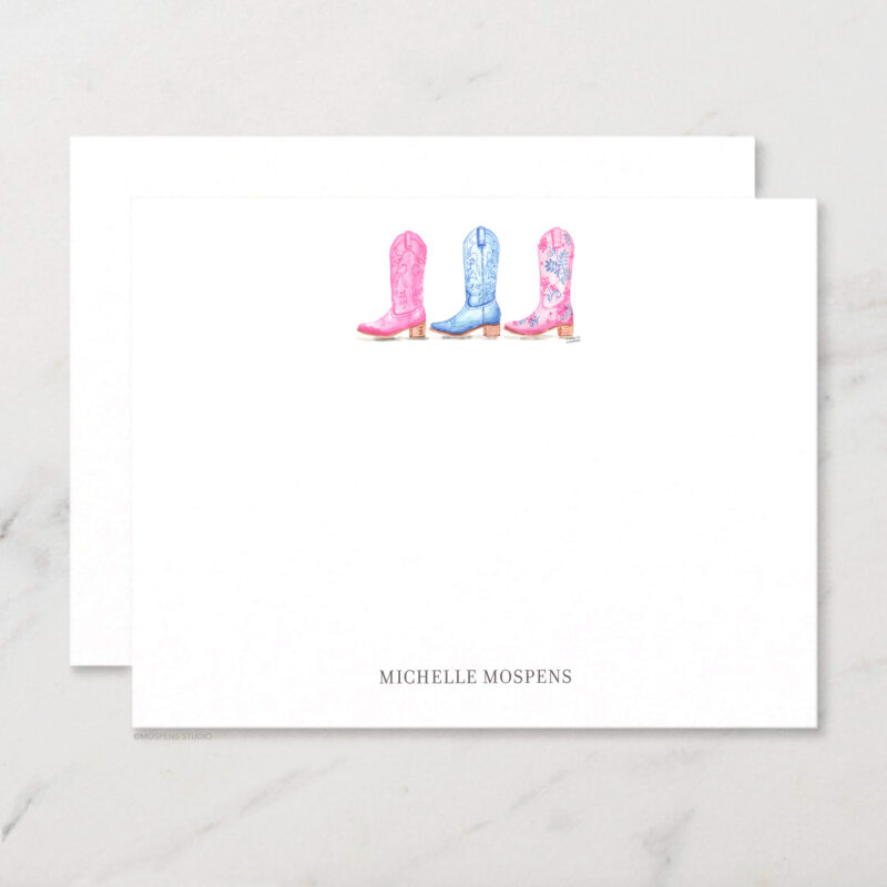Coastal Cowgirl Boots Personalized Stationery Illustrated Watercolor Western Chic Notecard Set with Envelopes