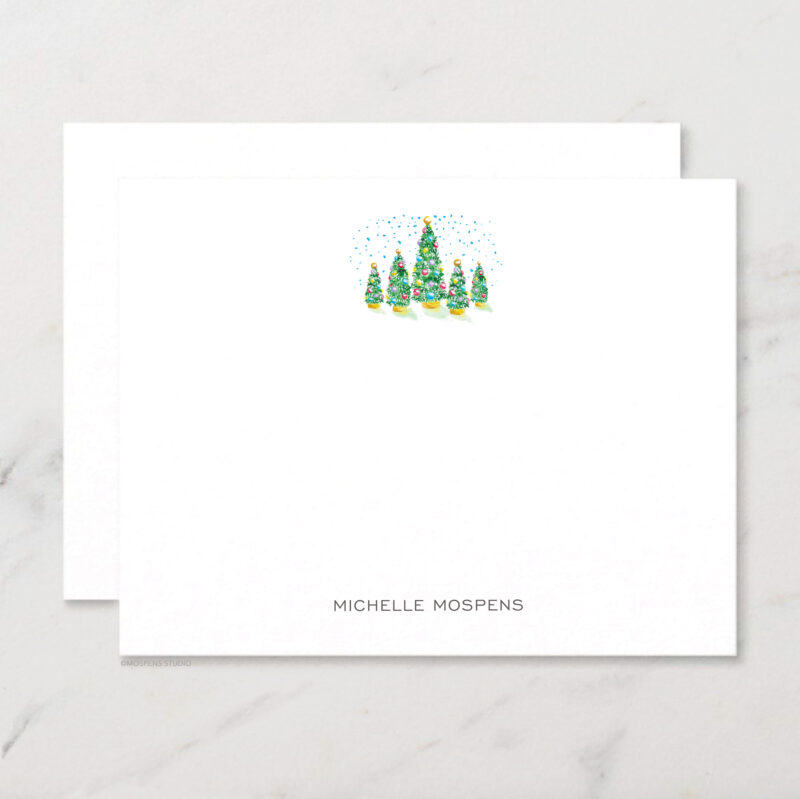 Christmas Trees Personalized Stationery Illustrated Holiday Chic Watercolor Notecard Set with Envelopes