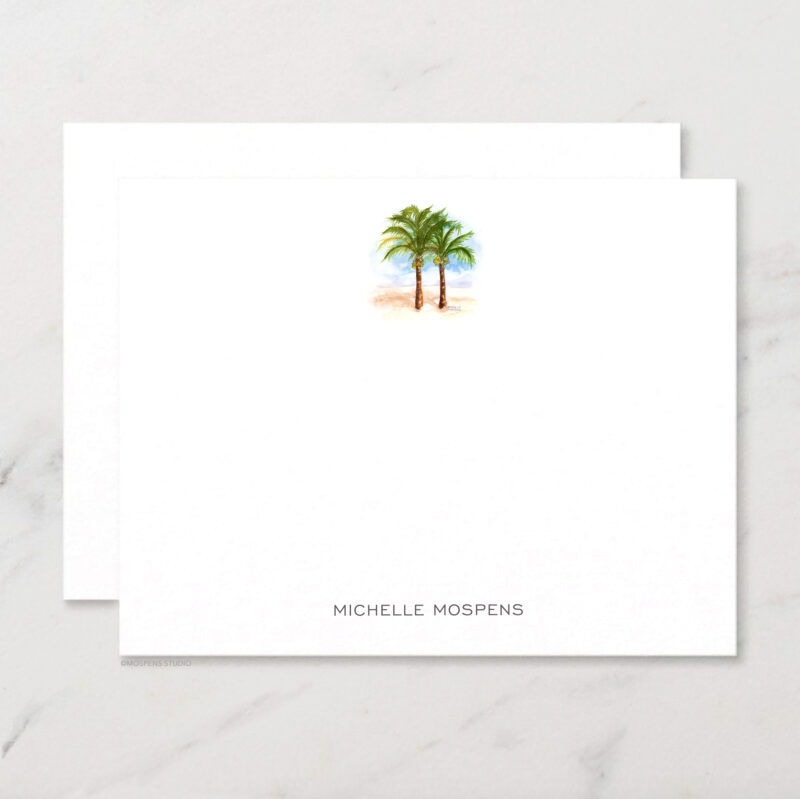 Coconut Palm Trees Personalized Stationery Illustrated Watercolor Beach Chic Notecard Set with Envelopes