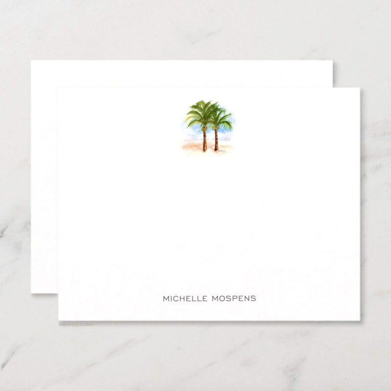 Coconut Palm Trees Personalized Stationery Illustrated Watercolor Beach Chic Notecard Set with Envelopes