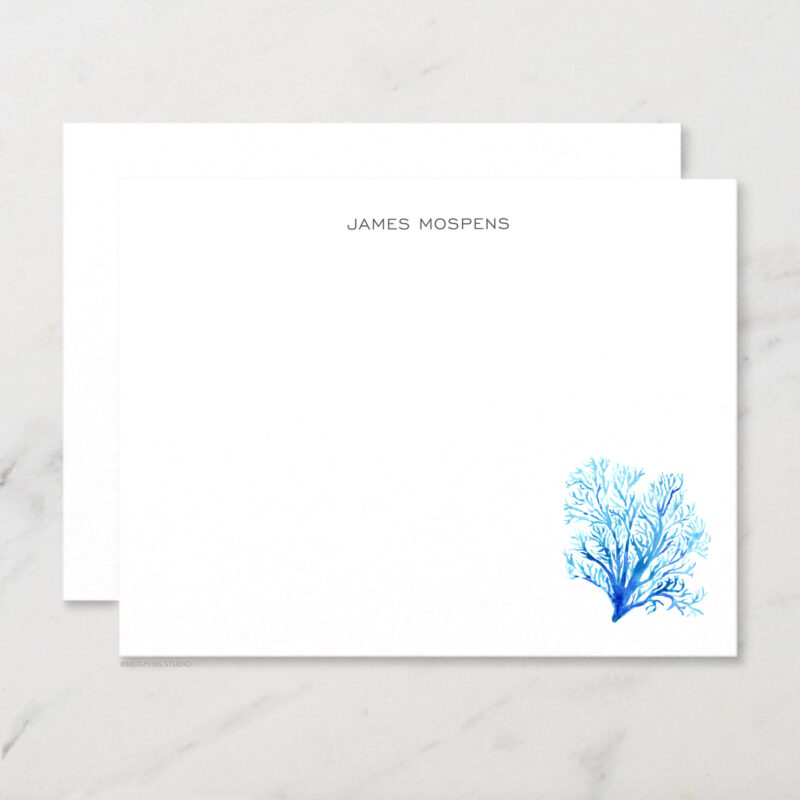 Coral Personalized Stationery Illustrated Watercolor Beach Chic Notecard Set with Envelopes