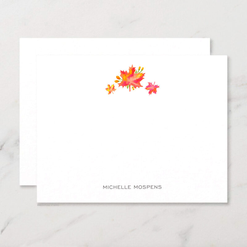 Fall Leaves Personalized Stationery Illustrated Autumn Chic Watercolor Notecard Set with Envelopes