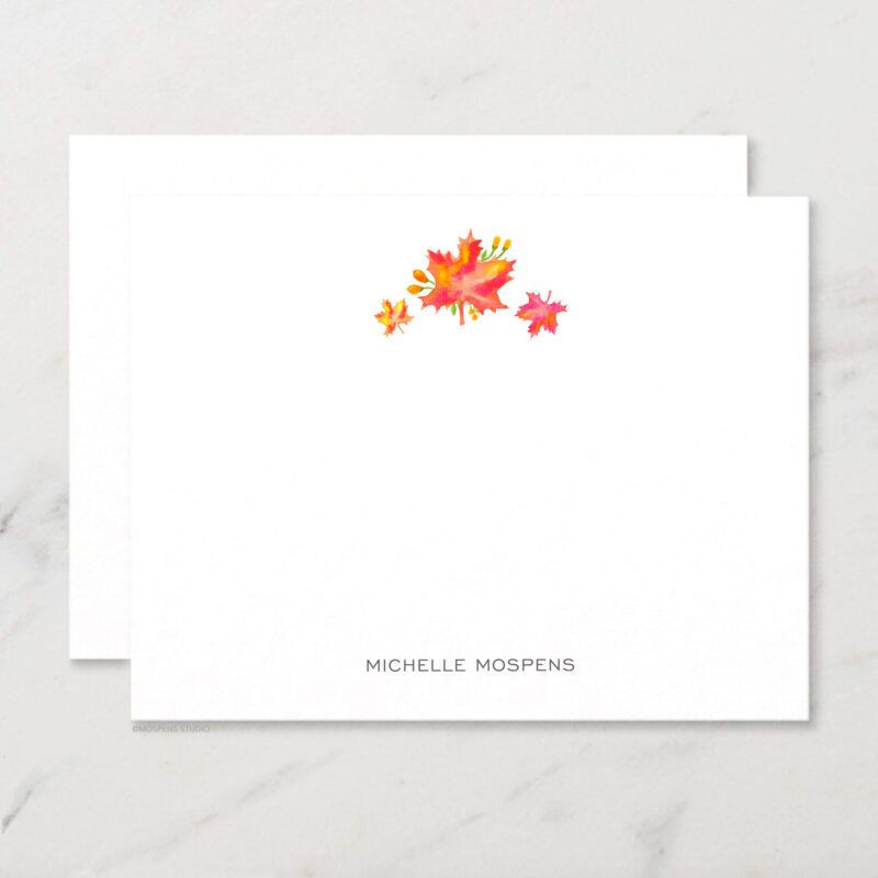 Fall Leaves Personalized Stationery Illustrated Autumn Chic Watercolor Notecard Set with Envelopes