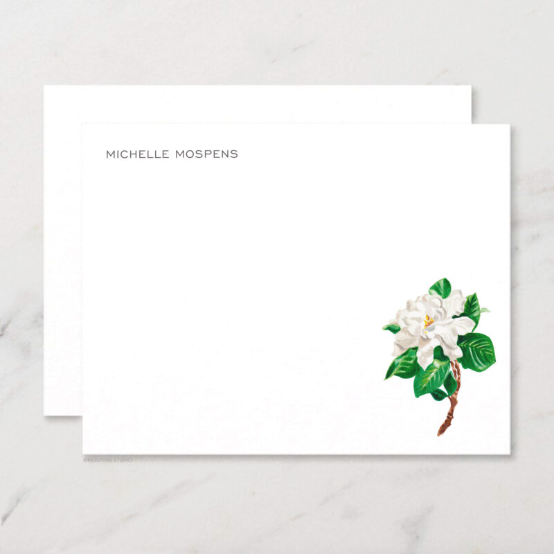 Gardenia Personalized Stationery Illustrated Botanical Watercolor Notecard Set with Envelopes