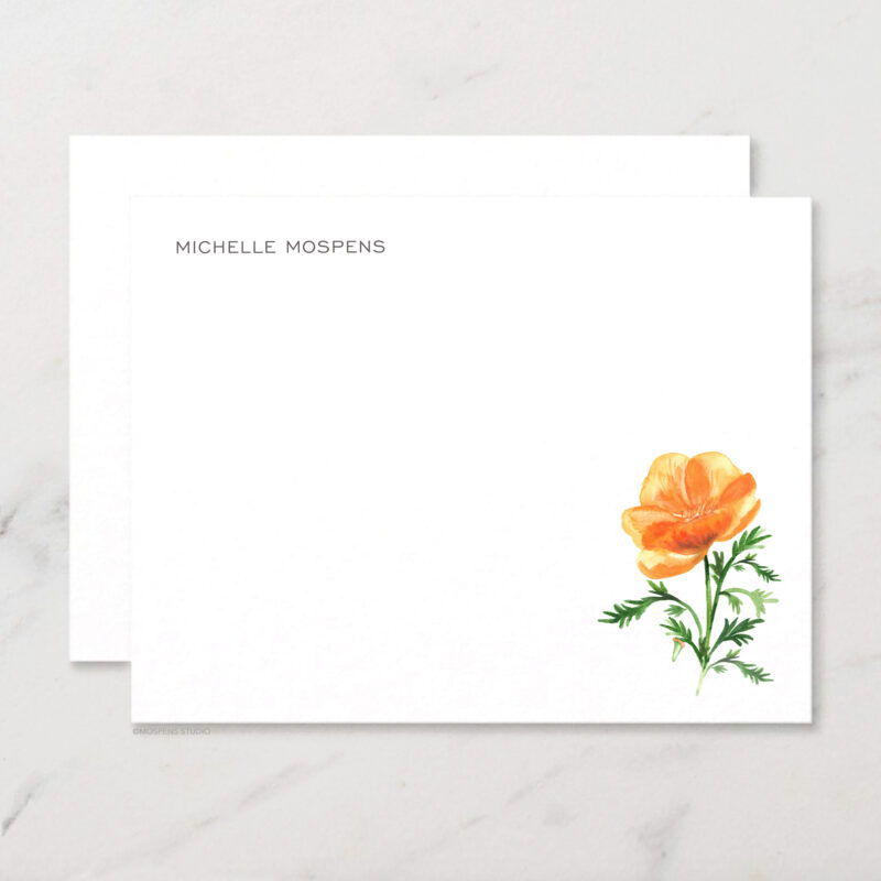 Orange Poppy Flower Personalized Stationery Illustrated Botanical Watercolor Notecard Set with Envelopes