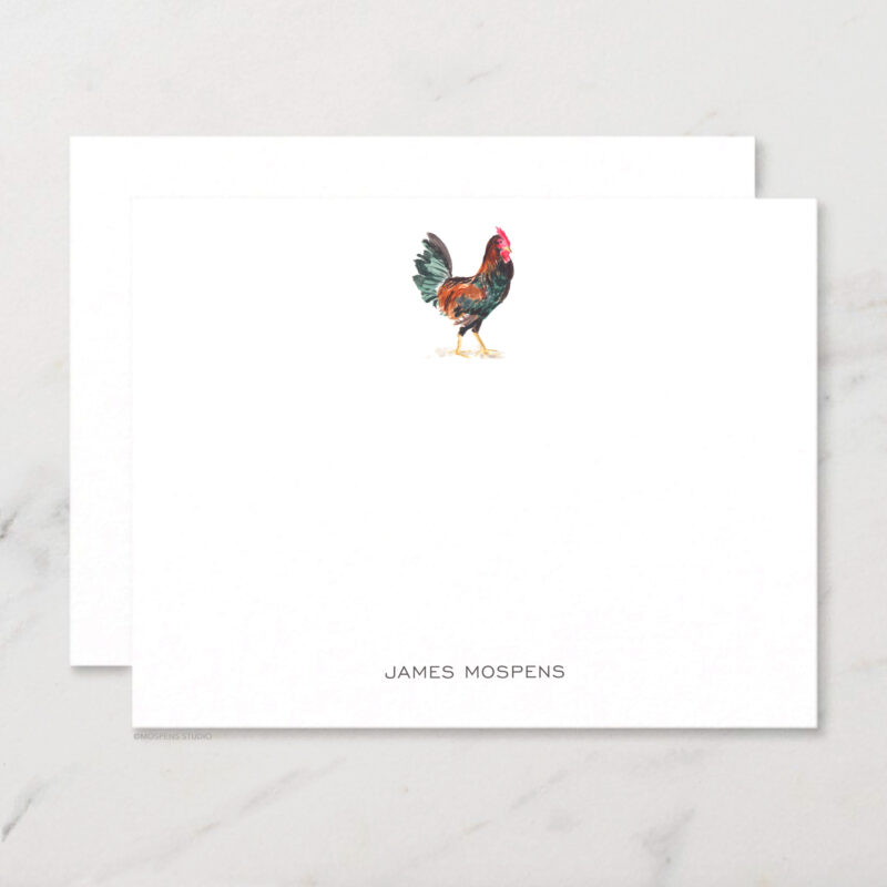 Rooster Chicken Personalized Stationery Illustrated Watercolor Farmer Chic Notecard Set with Envelopes