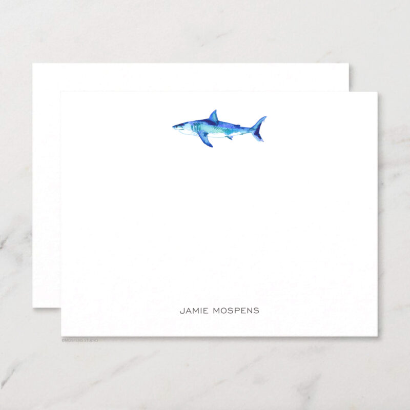 Shark Personalized Stationery Illustrated Watercolor Beach Chic Notecard Set with Envelopes
