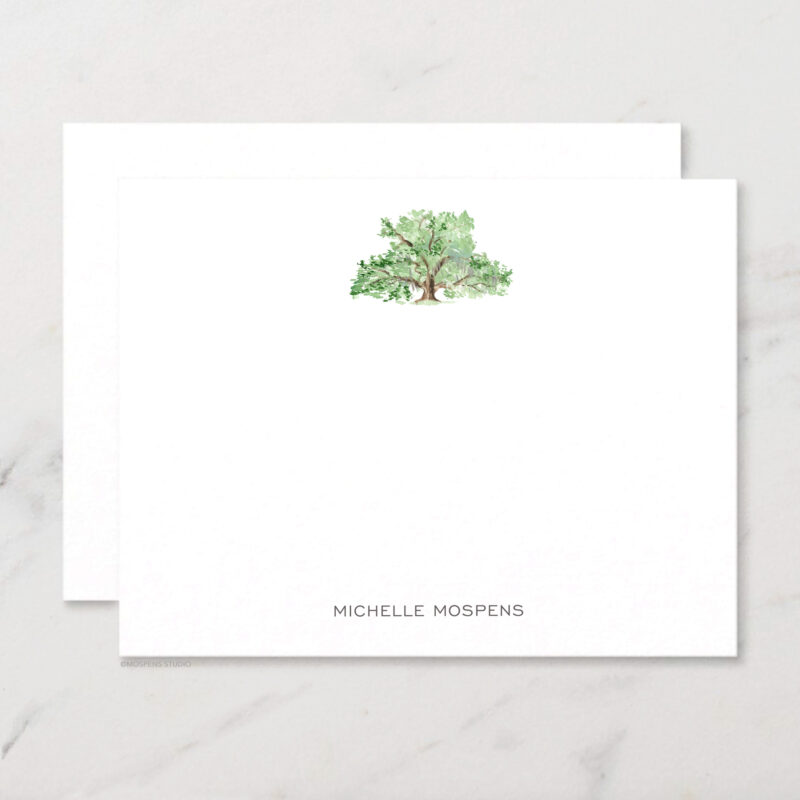 Southern Oak Tree Personalized Stationery Illustrated Watercolor Notecard Set with Envelopes