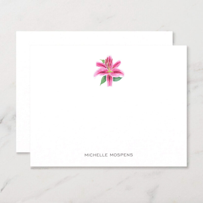 Pink Stargazer Lily Flower Personalized Stationery Illustrated Botanical Watercolor Notecard Set with Envelopes