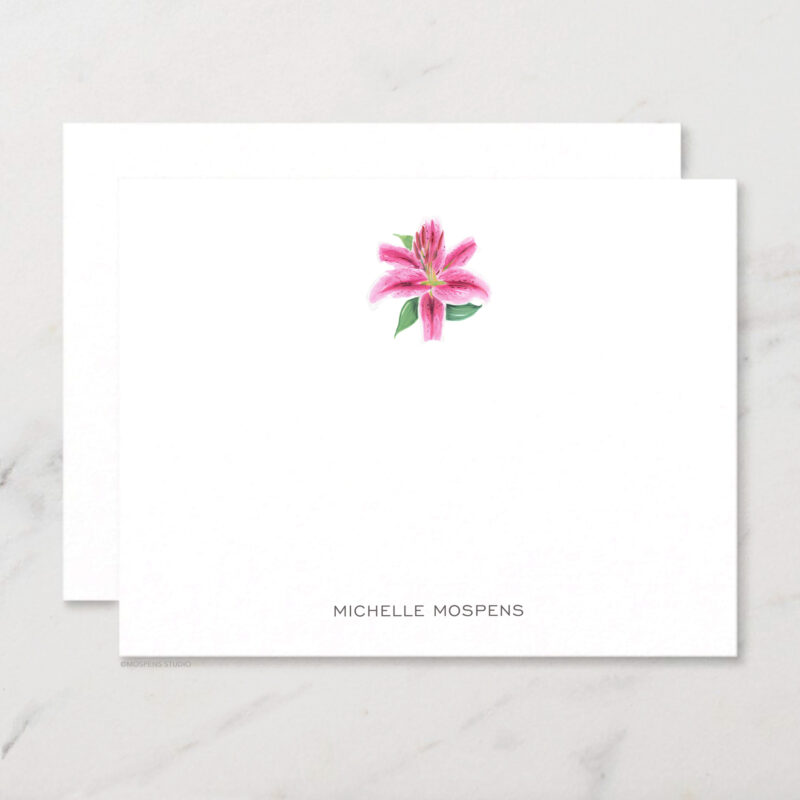 Pink Stargazer Lily Flower Personalized Stationery Illustrated Botanical Watercolor Notecard Set with Envelopes