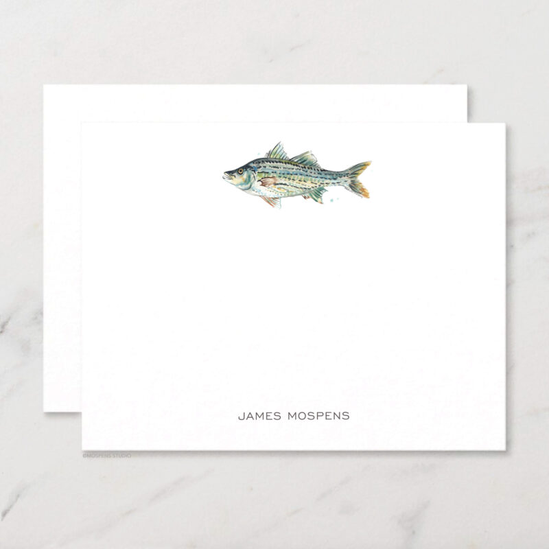 Striped Bass Fish Personalized Stationery Illustrated Watercolor Nautical Chic Notecard Set with Envelopes