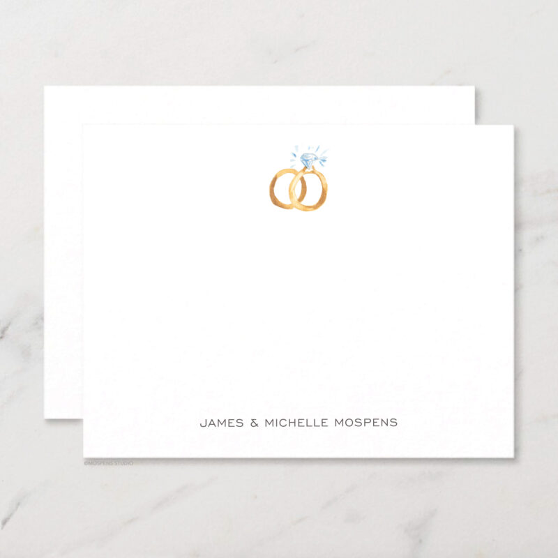 Wedding Rings Personalized Stationery Illustrated Watercolor Bridal Chic Notecard Set with Envelopes