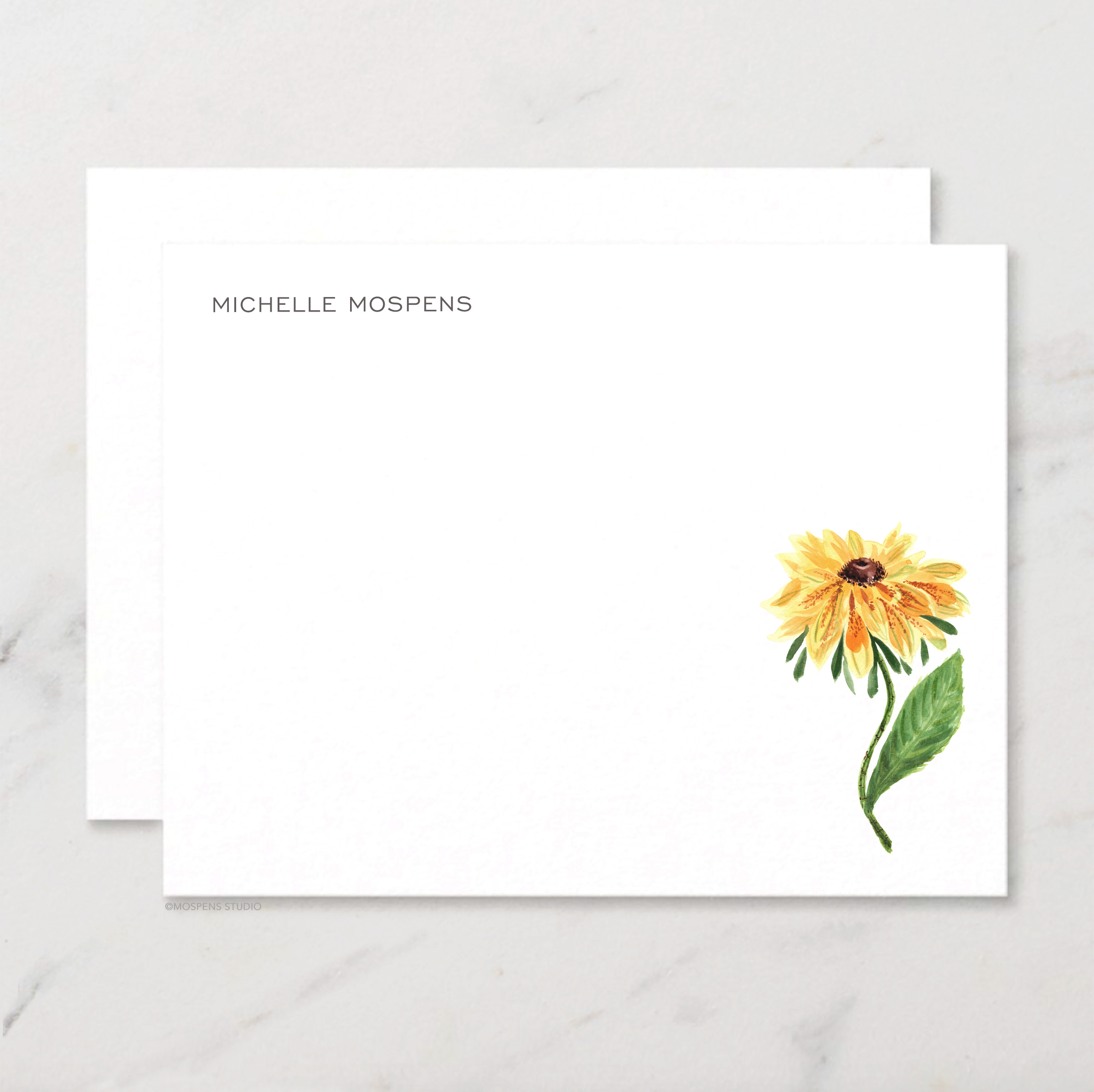 Yellow Flower Personalized Stationery Illustrated Botanical Watercolor Notecard Set with Envelopes